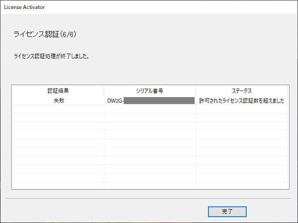 ライセンスの認証に失敗しました。（許可されたライセンス認証数を超え